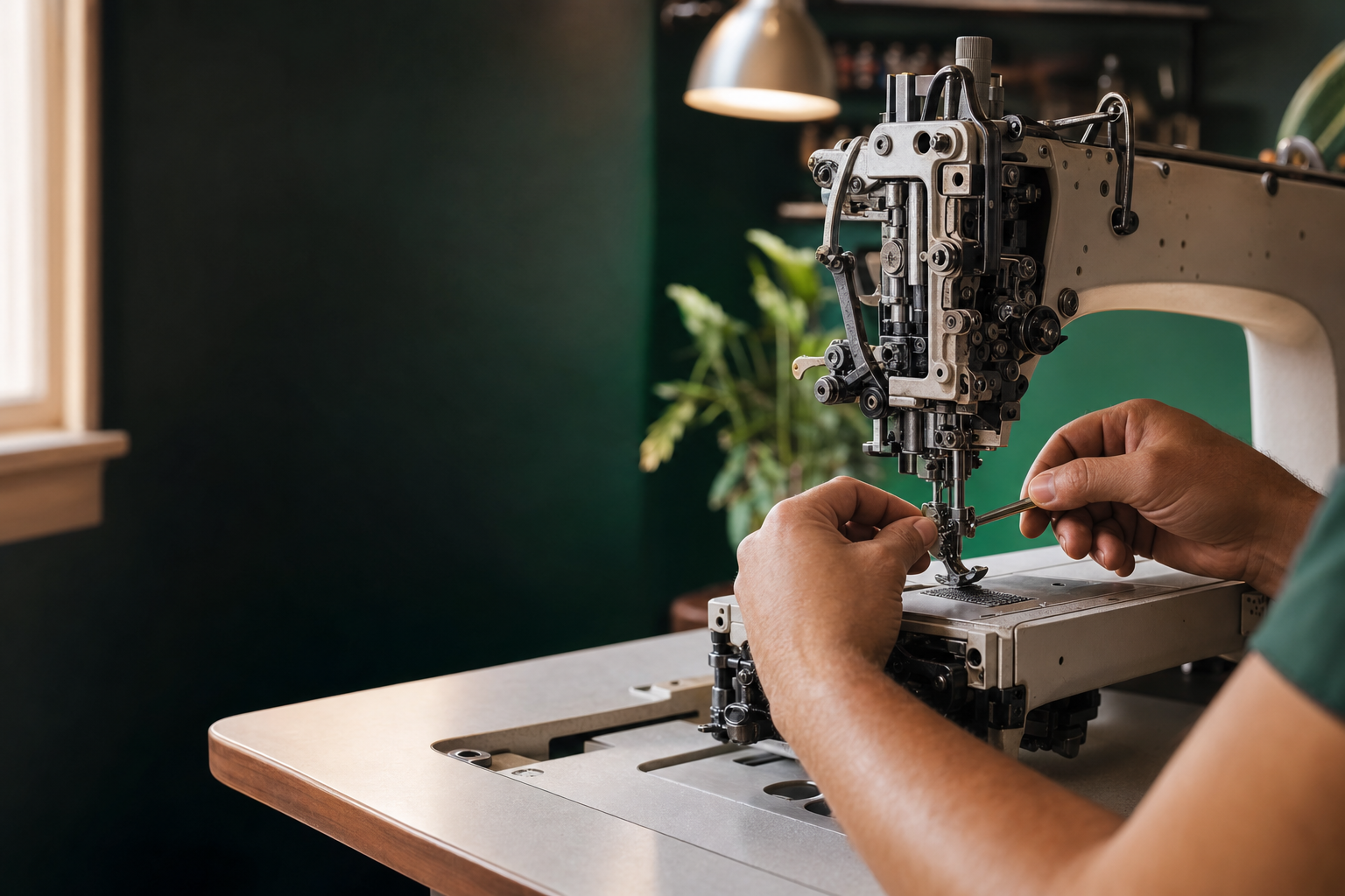 Mecânico realizando manutenção em máquina de costura